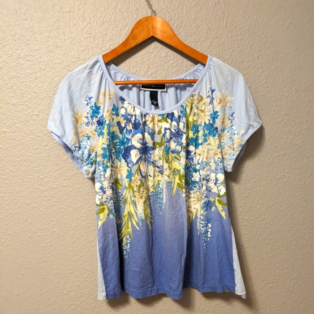 Karen Scott Blue Floral Shirt Top Embellished Short Sleeve Cotton Blouse Sz. L